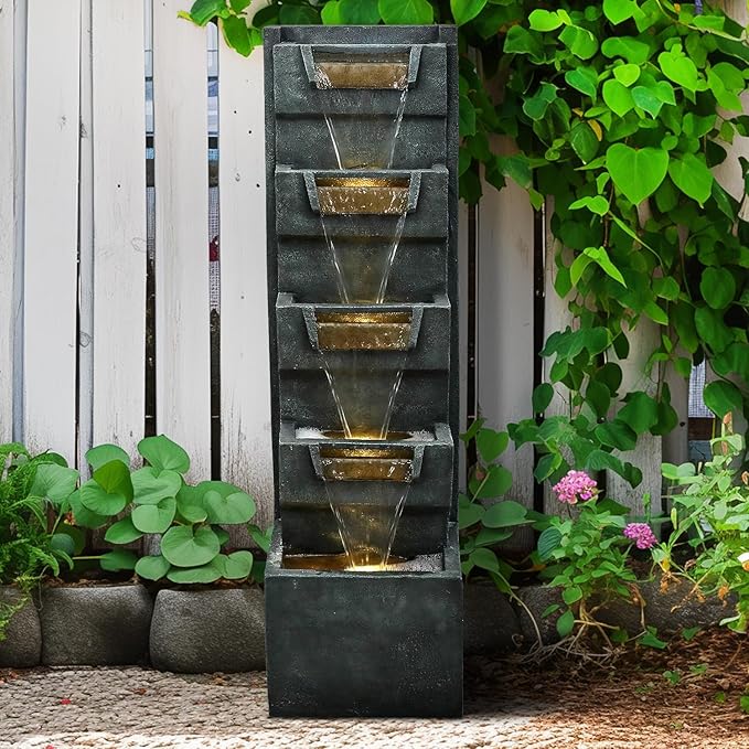 SunJet 39.3inches High Modern Water Fountain – 5-Tier Outdoor/Indoor Water Fountain with Soothing Water Sounds & Warm LED Light, Perfect for Garden, Patio, Home & Office