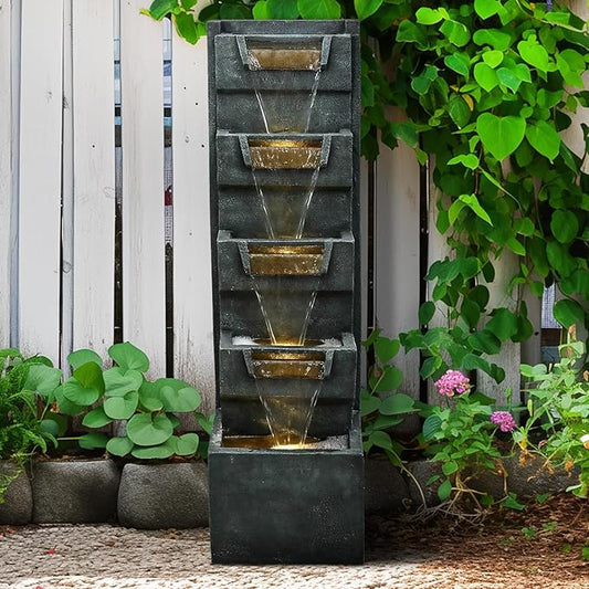 SunJet 39.3inches High Modern Water Fountain – 5-Tier Outdoor/Indoor Water Fountain with Soothing Water Sounds & Warm LED Light, Perfect for Garden, Patio, Home & Office