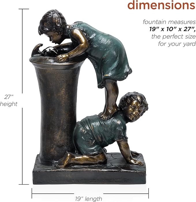 Alpine Corporation GXT472 27" Outdoor Floor Joyful Boy and Girl Drinking Water Fountain, Playful Garden Waterfall with LED Lights – Decorative Water Feature for Patios, Yards, and Gardens, Bronze