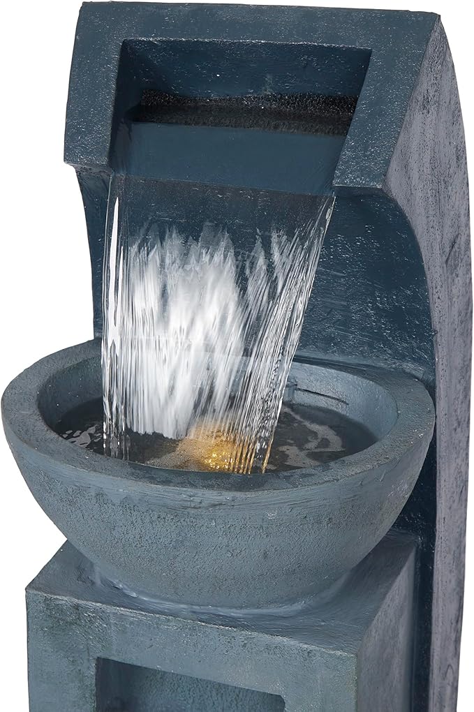 Alpine Corporation 41" Tall Outdoor Basin Waterfall Floor Fountain with LED Lights for Garden, Patio, Lawn and Backyard Decor, Gray