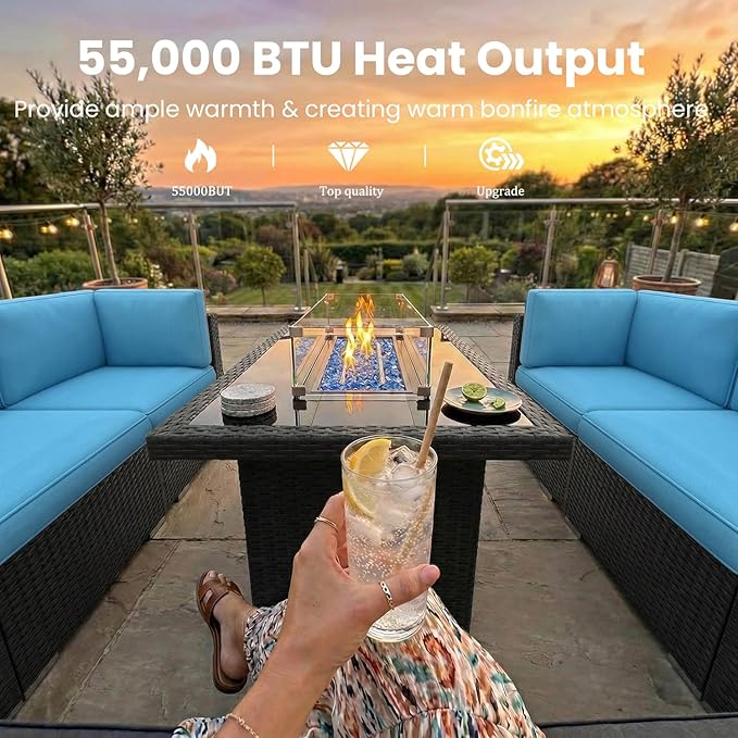 10 Pieces Patio Furniture Set with 44" Propane Gas Fire Pit Table, Outdoor Sectional Wicker Conversation Sofa Sets with Coffee Table