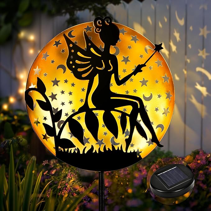 Solar Fairy Garden Lights, Metal Fairy Sculpture Pathway Stakes, Waterproof Outdoor Decorative Lights for Yard Patio Garden Porch, Gifts for Women Mom, 1 Pack