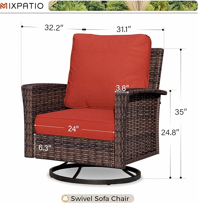 Swivel Patio Wicker Chairs Set of 2, High Back Outdoor Swivel Patio Rattan Chairs with 5.5" Thick Cushions for Bistro Balcony Porch Deck and Yard, Red