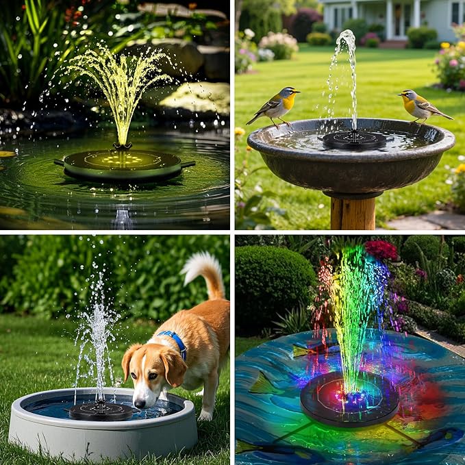 Solar Fountain Pump with 3 Spray Height Adjustments, Upgraded Glass Solar Bird Bath Fountains with LED Lights,6 Nozzles,Outdoor Solar Water Fountain Pump for Bird Bath, Garden, Pool, Pond