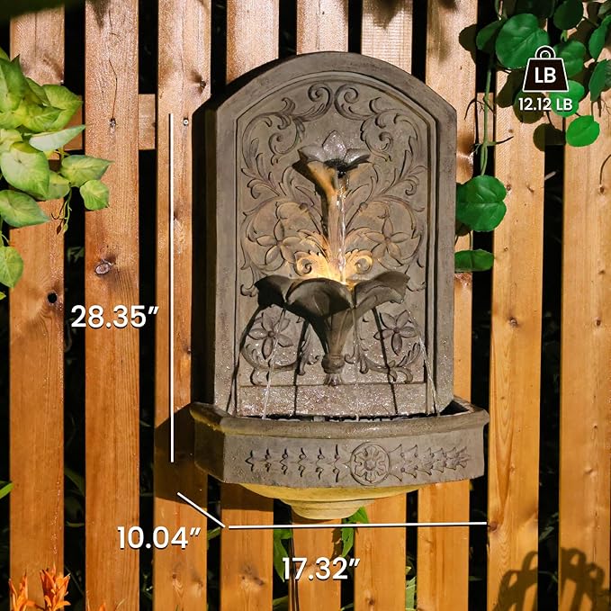 Vintage Wall-Mounted Outdoor Fountain, 28.3" H Resin Garden Water Feature with Floral Carving, Decorative Antique Wall Waterfall for Patio, Yard, Porch & Home Décor