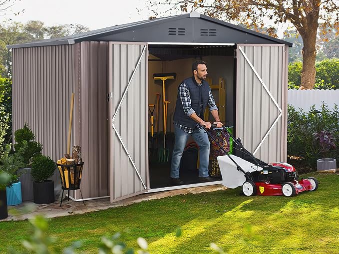 AECOJOY 8' x 10' Outdoor Storage Metal Shed, Steel Yard Garden Sheds & Outdoor Storage Clearance with Design of Lockable Doors, Utility and Tool Storage for Garden, Backyard, Patio, Outside use - Image 3