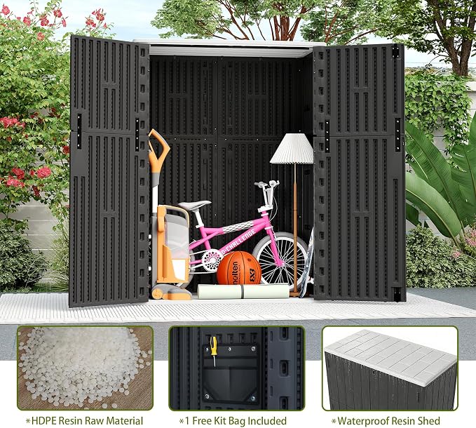 ZZM 57 Cu.ft Outdoor Storage Shed with Floor HDPE Double-Wall Resin Sheds Outdoor Storage, Lockable Weatherproof Storage Cabinet Fit for Garden Tools, Garage can, Bike, Patio Furniture, Black - Image 6