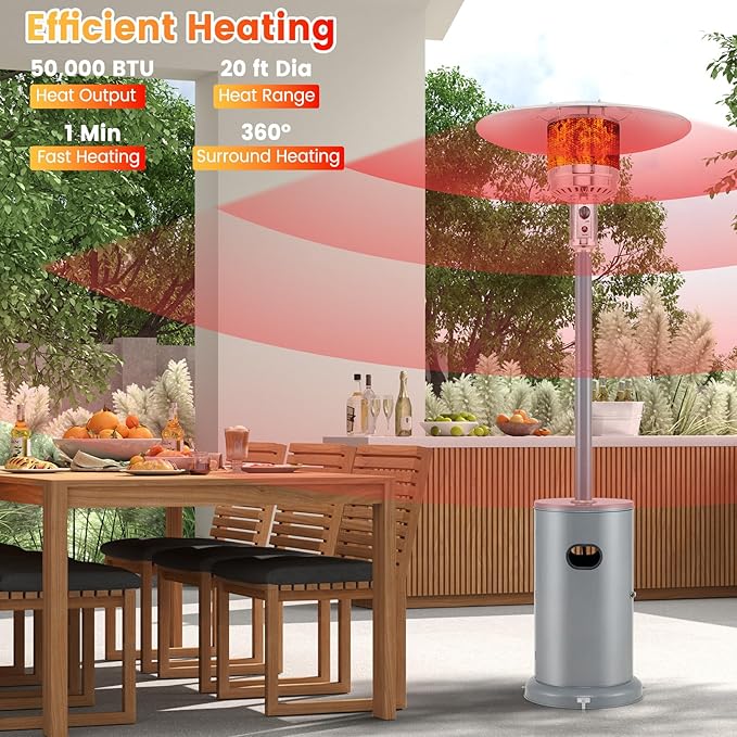 Happygrill 50,000 BTU Outdoor Heater, Round Propane Patio Heater with Stainless Steel Burner, Tip-Over & Flame-Out Protection & Wheels, Outdoor Heaters for Patio (Grey)