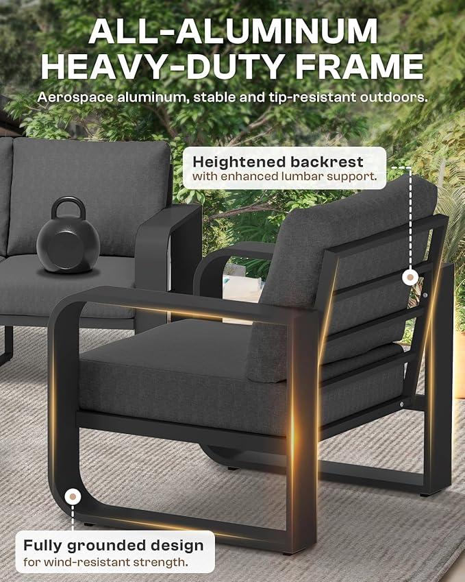 Aluminum Outdoor Patio Furniture Set, 5 Piece Oversized Patio Conversation Sets Widened Armrest & Ultra-Thick Cushions, Heavy Duty Modern Sectional Furniture for Backyard, Porch, Graphite