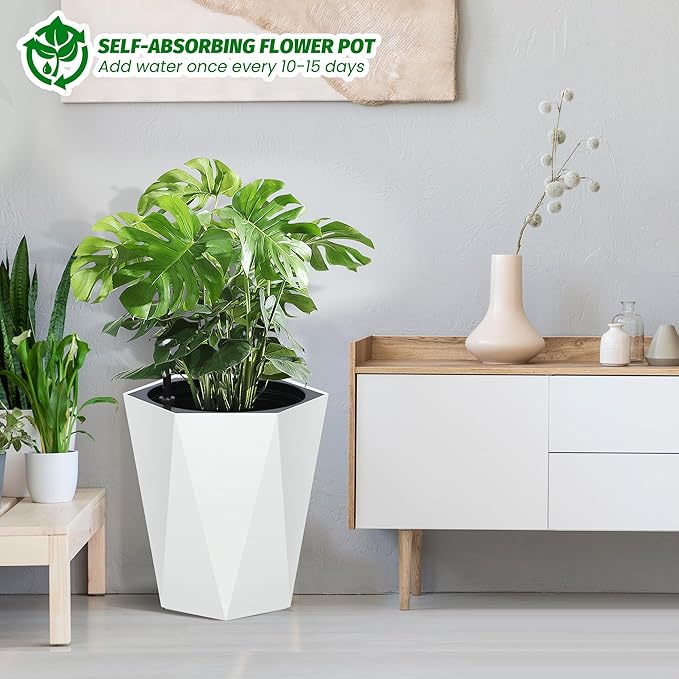 GarveeLife 16 Inch Tall Planters Set of 2, Outdoor Planters Self Watering Plant Pots with Water Level Monitor, Multiple Drainage Holes, Flower Pots for Patio, Porch, Living Room, or Home Office, White