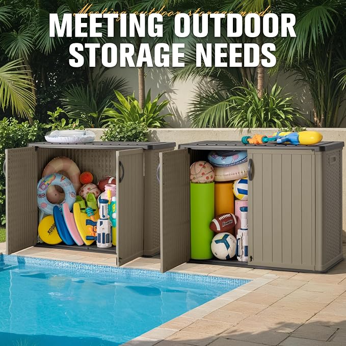 Greesum Outdoor Horizontal Storage Sheds 27 Cu.ft Resin Large Storaged Box Weather Resistance, Without Shelf, Easy to Assemble, Prefect for Garden, Patios, Backyards, Beige - Image 5