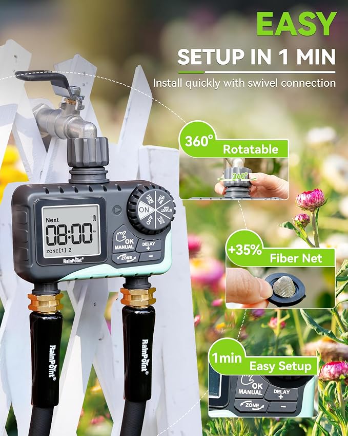 RAINPOINT Water Timer for Garden Hose - 2 Zone Sprinkler Timer with Rain Delay/Manual Watering/Automatic Irrigation for Yard Lawn - Image 7