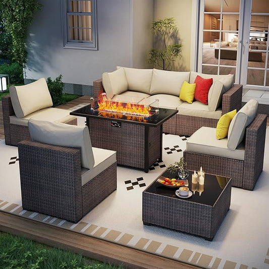 Outdoor Patio Furniture Set with 43'' Fire Pit Table, 8 Pcs Outdoor Patio Furniture Conversation Sets with 4in Thicken Cushion, Wicker Outdoor Sectional for Backyard, Garden, Balcony,Deck, Brown/Beige