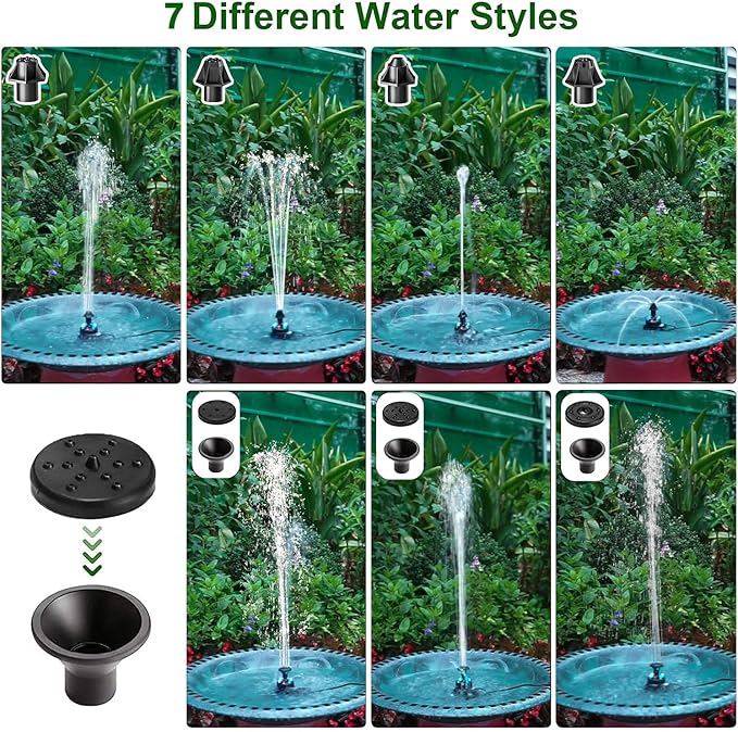 Jutai 24-Hours Working Bird Bath Fountains Electric, Adjustable Quiet Water Fountain Pump with LED Lights for Garden,Small Fish Tank, Pond,Water Features - 7 Nozzles,16.4Ft Power Cord