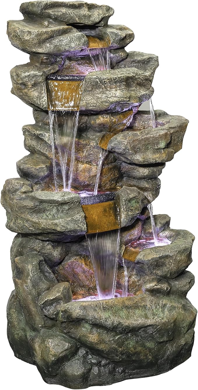 Alpine Corporation 51" Tall 6-Tier Outdoor Rainforest Waterfall Floor Fountain, Weather-Resistant Design with Color-Changing LED Lights & Remote Control, Gray