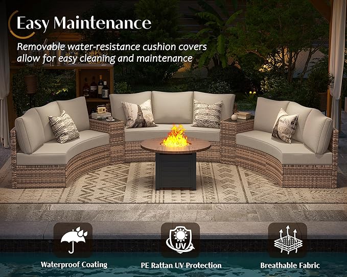 PaPaJet 11-Piece Patio Furniture Set with Large Storage Wedge Table, Half-Moon Wicker Sectional Sofa with Cushions, Waterproof Rattan Outdoor Conversation Set for Beach, Pool, Garden & Balcony, Beige