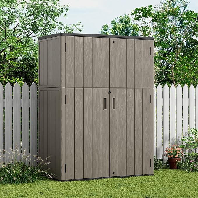 KINYING Outdoor Storage Cabinet Waterproof, 57 Cu.ft Resin Vertical Outdoor Storage Shed for Patio Furniture, Garden Tools, Pool Accessories, Mower Storage (Brown) - Image 4