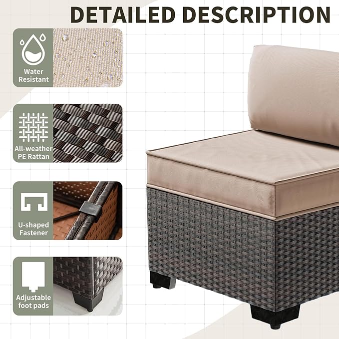 Gotland 8 Pieces Patio Furniture Set with Fire Pit Table, All Weather Rattan Outdoor Furniture with 29.5'' High Backrest 4’’ Thick Cushions Coffee Table, Outdoor Sectional for Porch, Deck, Khaki