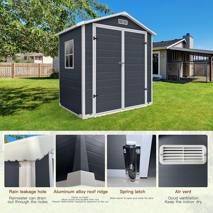 YOPTO 6x4 FT Storage Shed,Plastic Outdoor Storage Shed with Floor and Lockable Door,Waterproof Garden Shed W/Windows & Vents,Sloped Roof,Tool House for Storing Bicycles,Lawnmowers,Cold Grey - Image 6