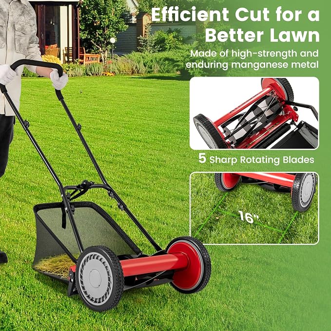 16-inch 5-Blade Push Reel Lawn Mower, Walk-Behind Grass Cutter w/Removable 7 Gallon Grass Catcher Bag & Adjustable Cutting Height, Cordless Manual Lawn Mower for Garden, Lawn, Yard (Red) - Image 3