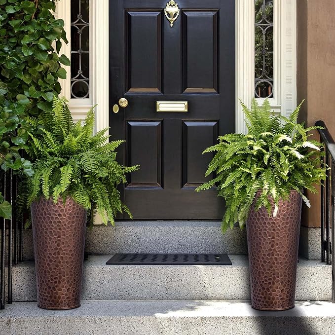 H Potter Tall Copper Planter Indoor Outdoor 28 Inch Antique Copper Hammered Metal Garden Planter with Insert Drainage and Drip Trays Large Decorative Floor Planter for Entryway Porch Patio Set of 2