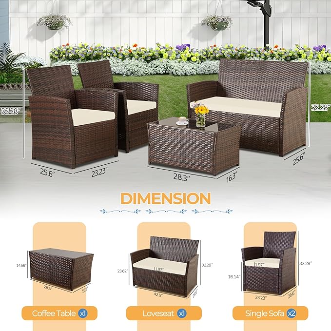 FHFO 4 Piece Outdoor Patio Furniture Sets, Wicker Conversation Sectional Set, Rattan Chairs with Table and Loveseat for Balcony Porch Backyard (Brown-Beige)