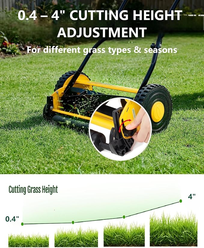 14" Hand Push Lawn Mower, 5-Blade Push Reel Lawn Mower with Adjustable Cutting Height, Quiet Eco-Friendly Manual Lawnmower for Home Garden - Image 4