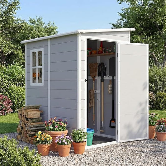 Devoko 5 x 4 FT Resin Outdoor Storage Shed with Floor, Plastic Tool Shed with Window, Outside Waterproof Garden Shed with Lockable Door for Patio, Lawn, Backyard, Poolside, Light Grey by DEVOKO