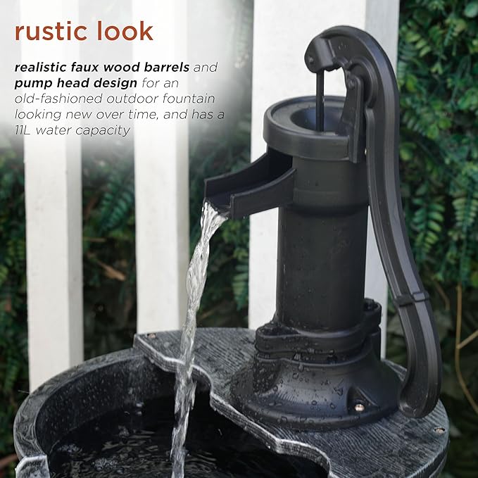 Alpine Corporation 27" Tall Rustic Outdoor 2-Tier Barrel Pump Water Fountain with Soothing Cascading Water Flow for Patio, Yard, Porch, or Landscape, Gray