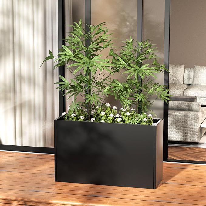 Heavy-Duty Black Rectangular Steel Planter Box 38”x12”x24”, Rust-Resistant with Drainage Holes, Removable Shelf & Reinforced Edges for Tall Plants, Patio, Porch & Yard