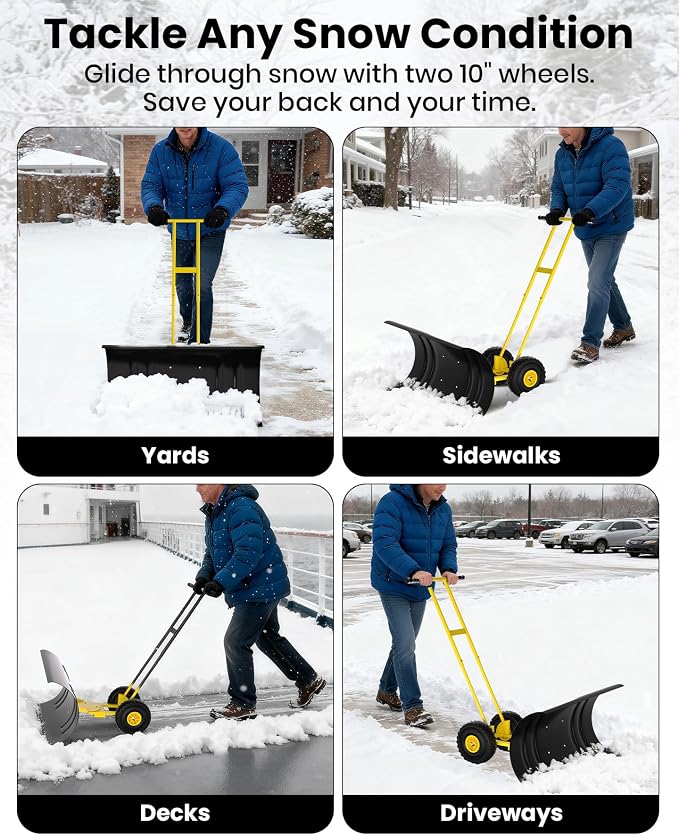 GarveeLife 29.5" Wide Heavy Duty Snow Pusher with Wheels for Driveway, Steel Blade, 7-Position Adjustable Angle, 60° Tilt Handle, Ergonomic Push Snow Shovel with Ground Protection - Image 8