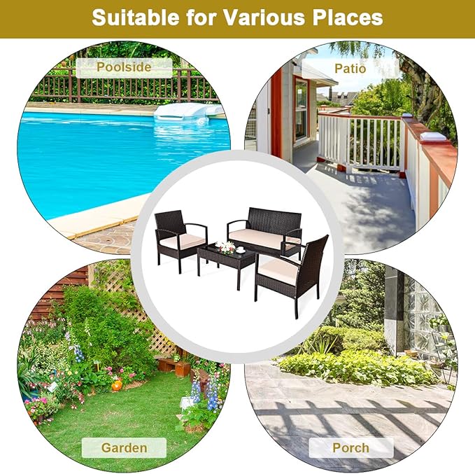 4 Pieces Patio Furniture Set, Wicker Conversation Set with Water-Resistant Cushion & Tempered Glass Table, Porch Deck Furniture Outdoor Rattan Chair for Backyard, Balcony(Beige)