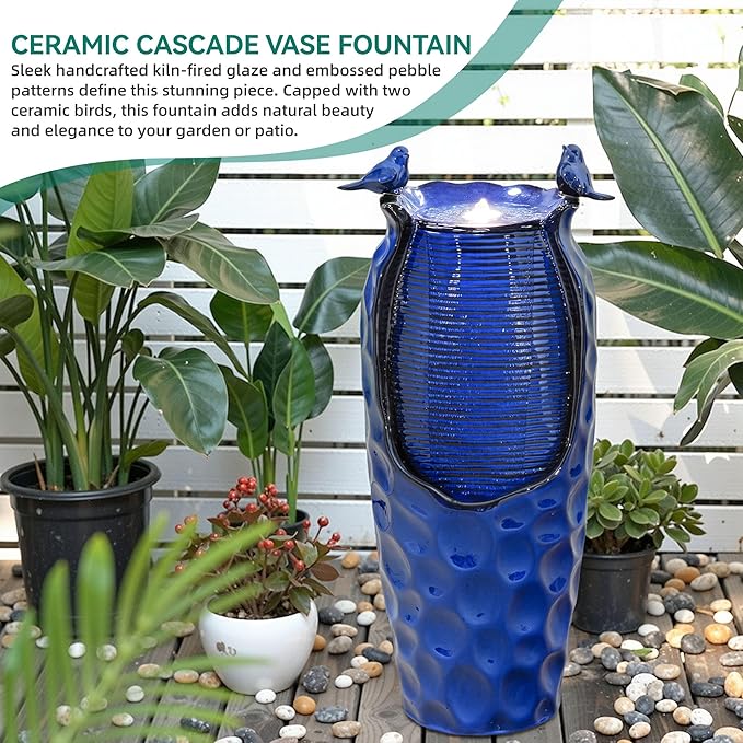 32.5" H Ceramic Jar Outdoor Fountain, Honeycomb Pot Water Feature with LED Lights, Soothing Trickling Waterfall for Garden, Patio, Yard, Balcony Oasis, KD Vivid Birds, Cobalt Blue Glaze