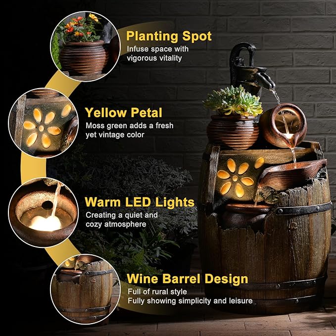 Water Fountain Outdoor 29" H Outside Floor 3 Tiered Rustic Barrel with Light, Pump for Garden, Patio, Deck, Porch, Backyard Home Decor