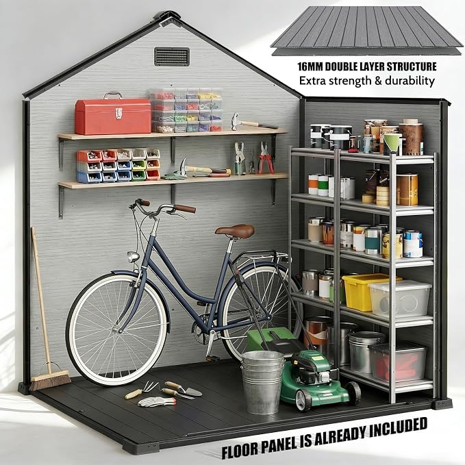 EHHLY Outdoor Storage Shed 6x4.4 FT, Resin Shed with Floor, Window & Vents, Waterproof Plastic Shed with Lockable Door for Backyard, Patio, Lawn, Gray - Image 5