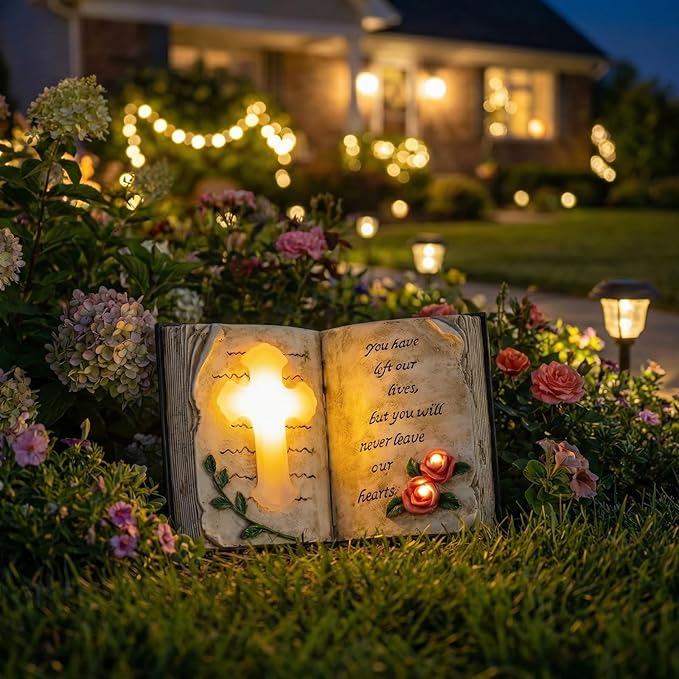 Outdoor Solar Memorial Cross Stakes Lights, Waterproof Book Statue Grave Decorations Sympathy Gifts for Cemetery Garden Lawn Yard Patio Home Decor