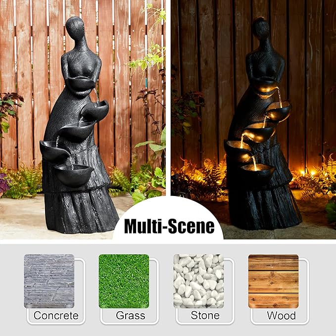 Glitzhome 39.75" H Modern Abstract Women Sculpture Outdoor Water Fountain, 5 Tier Woman Statue Waterfall Fountain with LED Lights and Pump for Porch Deck Garden Patio Backyard