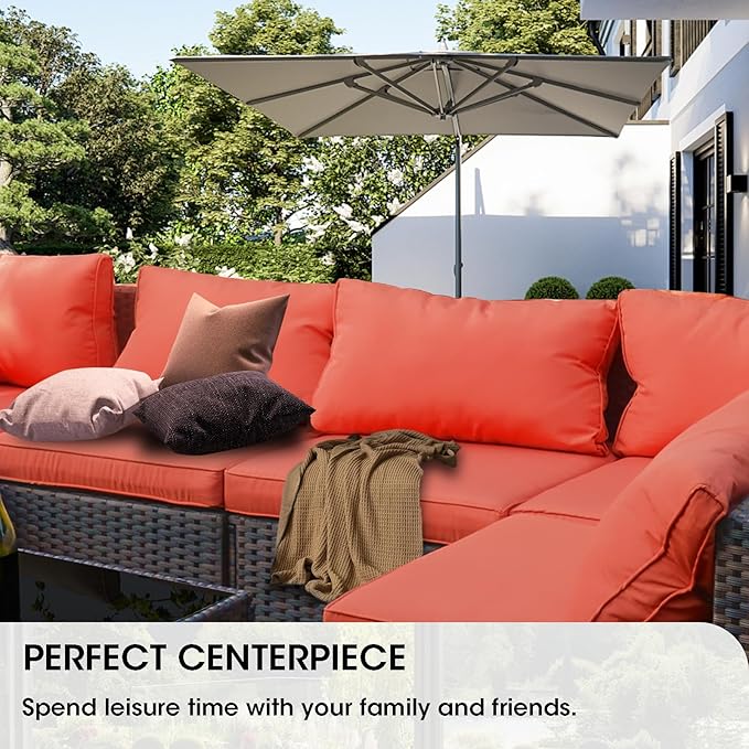 Grezone 15 Piece Patio Furniture Set with 44" Fire Pit Table, Outdoor Sectional Couch, PE Rattan Patio Conversation Sets with 4inch Cushions for Backyard Red