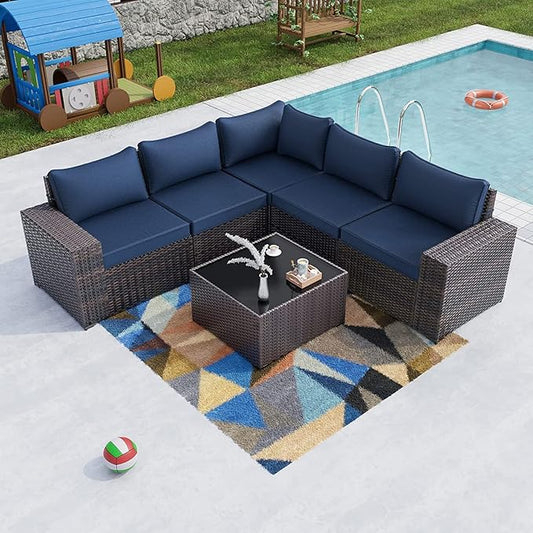 Kullavik Outdoor Patio Furniture Set 6 Pieces Sectional Rattan Sofa Set Brown PE Rattan Wicker Patio Conversation Set with 5 Seat Cushions and 1 Tempered Glass Table,Navy Blue