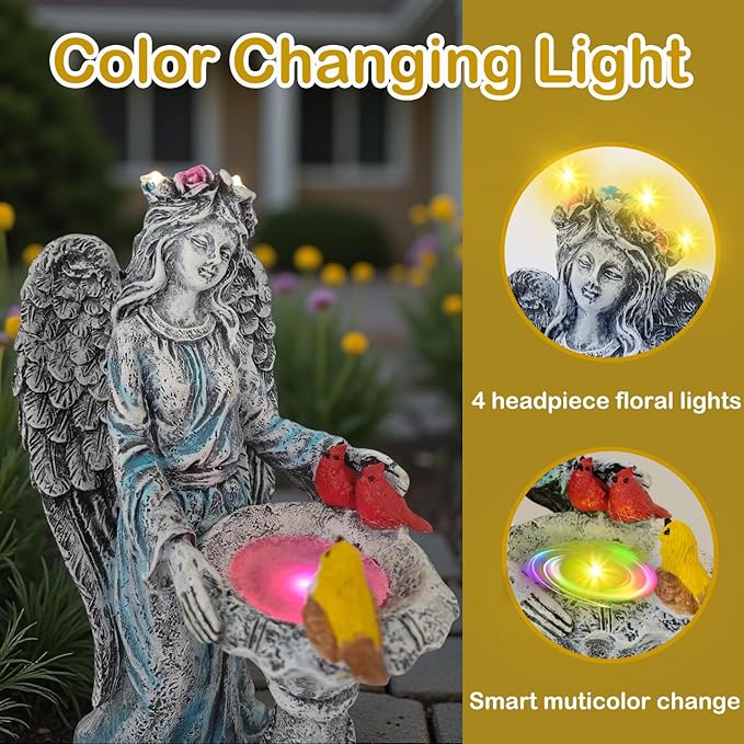 Mrocioa Solar Outdoor Garden Decor Angel Statue Light with Color Changing Birdbath, Waterproof Led Home Decor Figurine Lights for Yard Patio Front Porch, Housewarming Gifts for Easter Spring