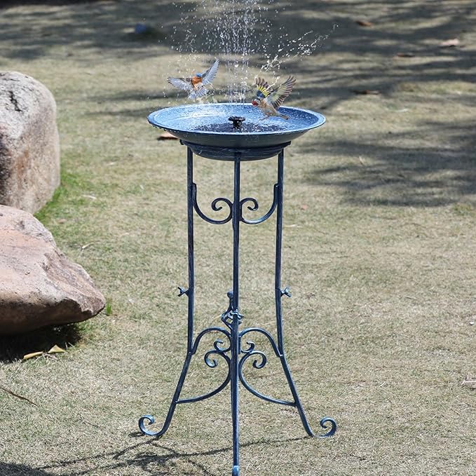 Solar Bird Bath for Outside, Metal Birdbath Stand and Solar Fountain Bird Bath Bubbler Combo Set, Solar Birdbaths for Outdoors Garden Lawn Yard Decor（Blue）