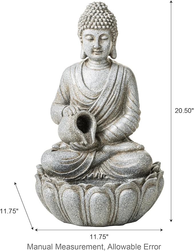 Glitzhome Buddha Fountain Outdoor 20.5" H, 2-Tier Zen Style Concrete Meditating Buddha Statues Water Fountains with Pump & LED Light, Buddhas Floor Fountains Sculpture for Garden Patio Backyard