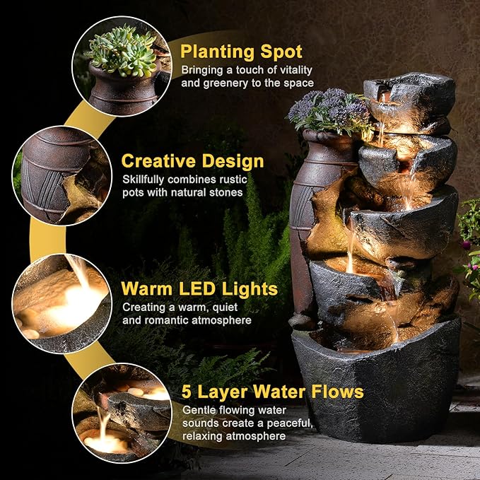 31.7" H Rock Jar Water Fountain Outdoor, 5-Tiers Cascading Outside Fountains and Waterfalls with 4 LED Lights for Patio, Deck, Porch, Backyard and Home Art Docor