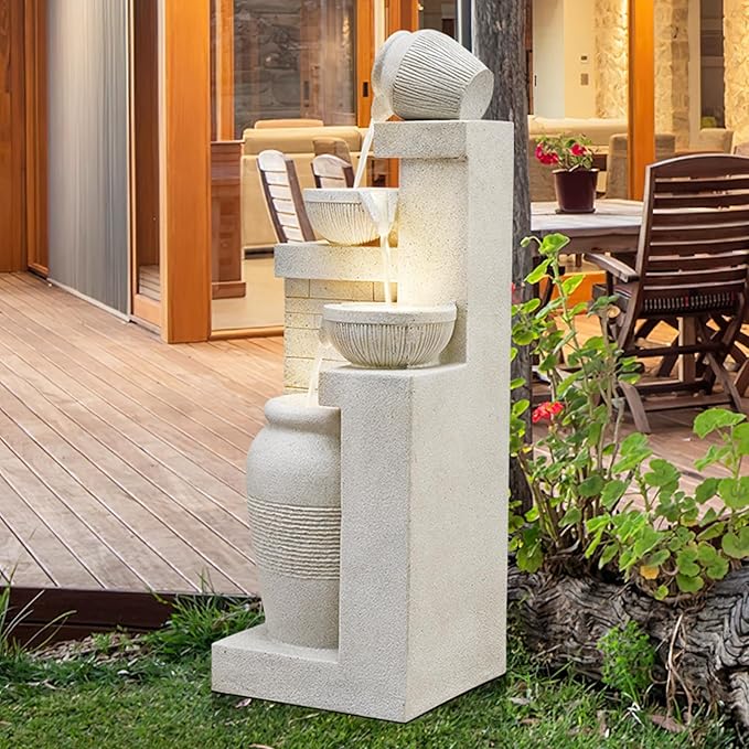 42.52" Outdoor Garden Water Fountain with Lights 4 Tiers Cascading Large Waterfall Floor Standing Fountain for Patio, Backyard, Deck, Porch and Home Art Decor