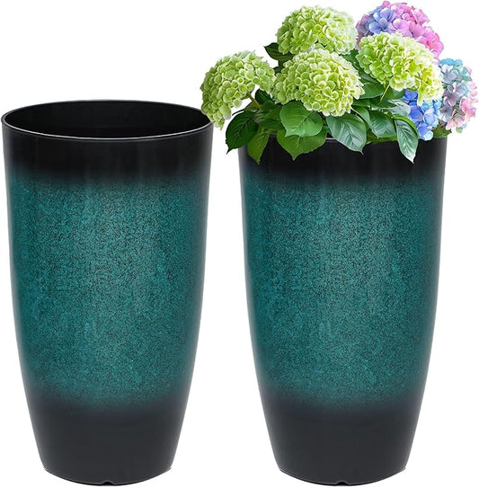 24" Tall Planters Set of 2, High-Density PP Ceramic-Look Outdoor Pots for Plants, Versatile Indoor/Outdoor Flower Pots w/Drainage Hole for Patio Garden Porch & Living Room Decor, Ideal Gift