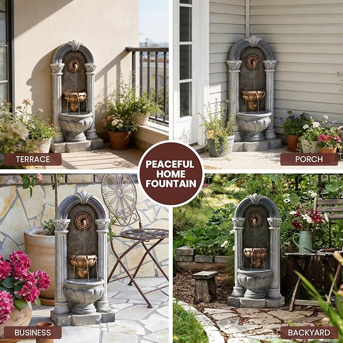 Wall Fountain Outdoor with LED Lights, 33.36” H Freestanding Garden Outdoor Water Fountain, Large Floor Standing Patio Outdoor Water Fountain, European Resin Flat Back Yard Courtyard Porch Déco
