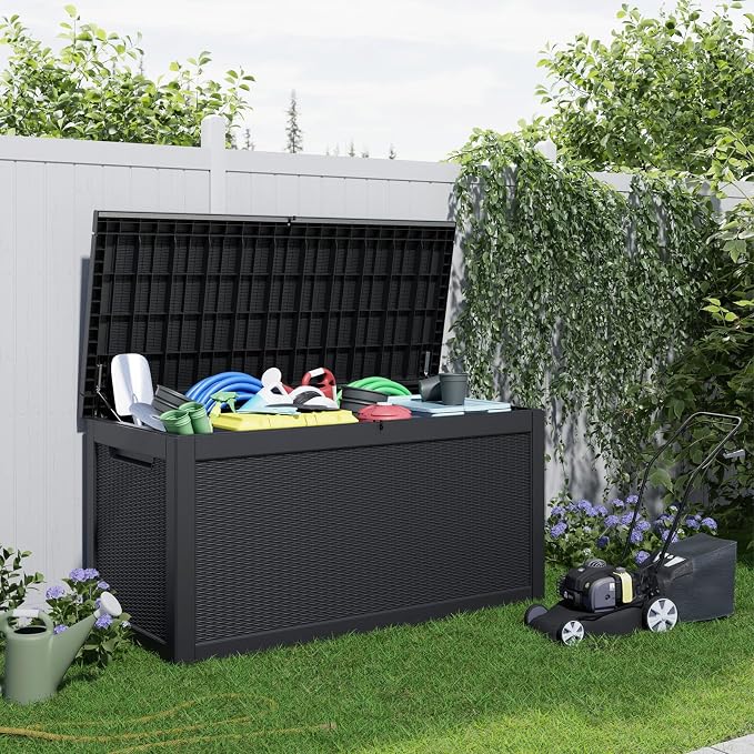 PatioZen 260 Gallon Resin Deck Box, Lockable Patio Outdoor Storage Box for Furniture, Garden Tools and Tools Storage, Waterproof Outside Storage Boxes - Black - Image 5