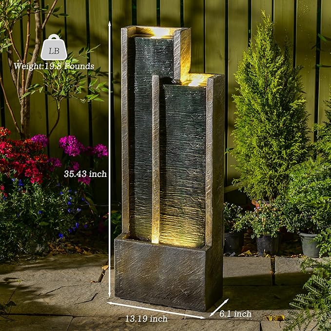 35.4" H Modern Indoor Outdoor Waterfall Fountain with Gentle Sound, Resin Garden Water Fountain Outdoor with Lights, Black Stream Panel Floor-Standing Garden Feature for Patio, Balcony, or Home Decor