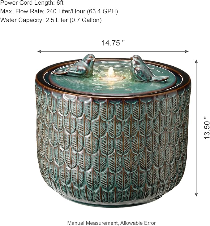 Glitzhome 14.75”H Outdoor Ceramic Water Fountain with LED Light and Pump, Embossed Leaf Pattern Floor Standing Bird Bath Fountain with Two Birds Decor for Patio Porch Deck Backyard, Turquoise