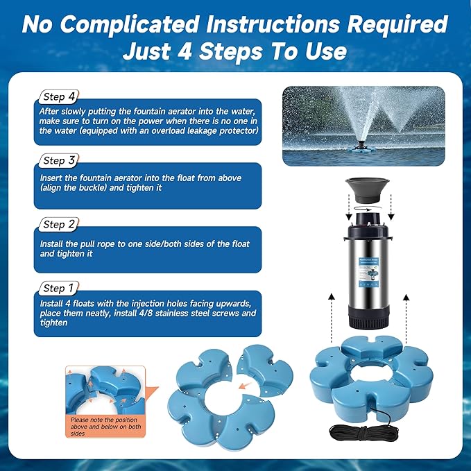 RELIY Pond Fountain Aerator, 1HP 110V 15000 GPH Fountain Pump, Fully Automatic Powerful Lake Floating Fountain, 100 FT Power Cord, 2x100 FT Traction Rope, (Stainless steel+Time switch)